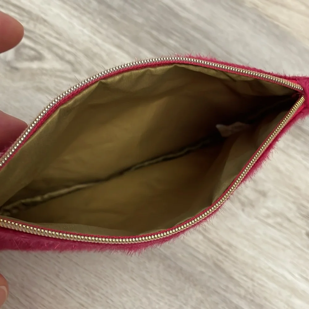 Ipsy Pink Faux Fur Glam Bag Zip Top Makeup/ Cosmetics Case Approximately 5” X 7”
